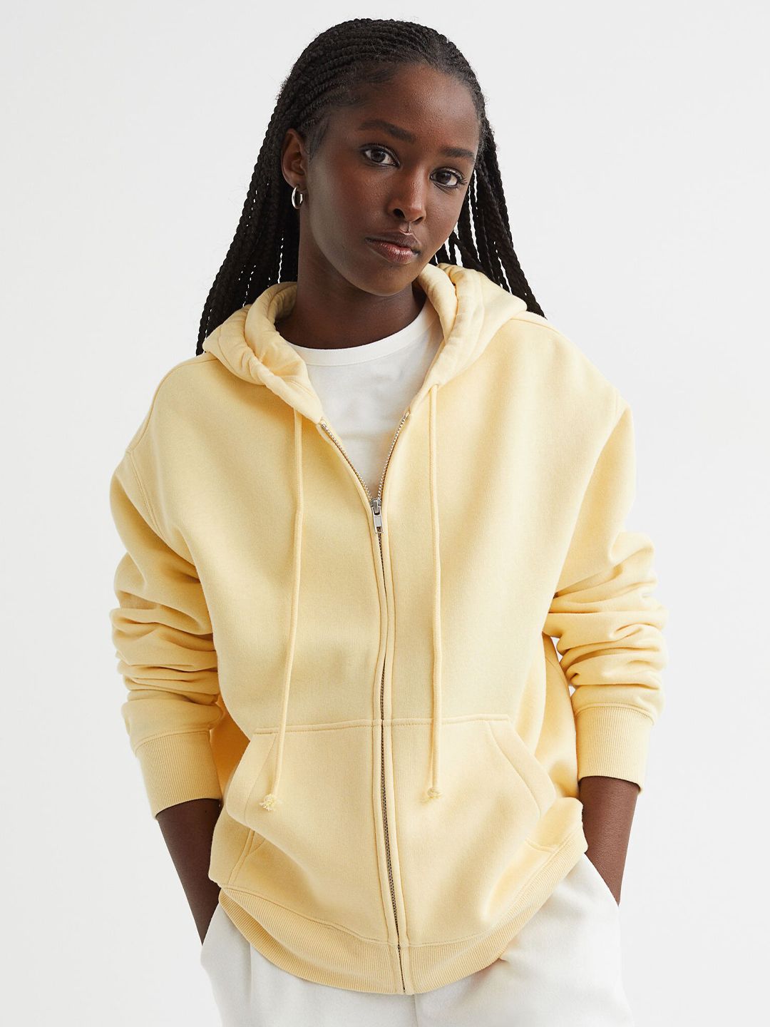 H&M Women Yellow Solid Zip-Through Hoodie Price in India