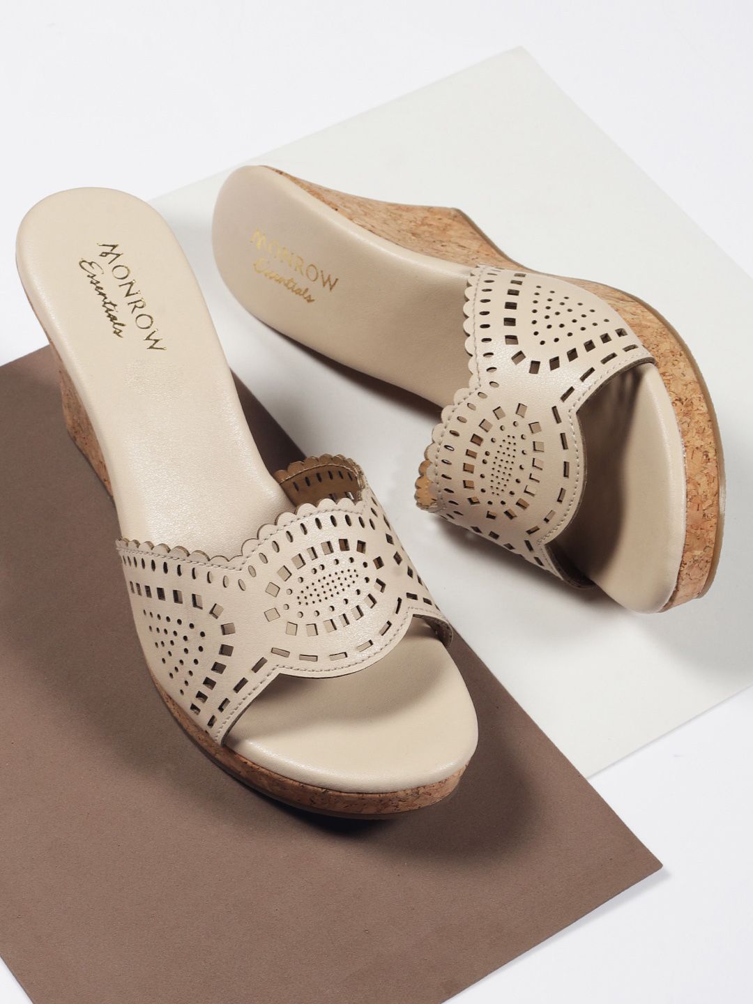 Monrow Women Cream Embellished PU Wedges With Laser Cuts Price in India