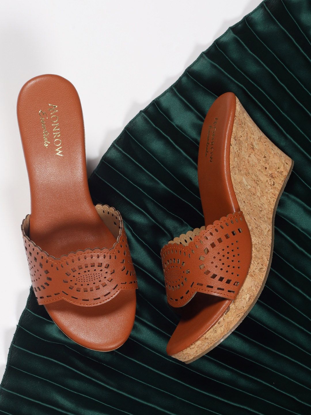 Monrow Tan PU Party Wedge Sandals with Laser Cuts Price in India