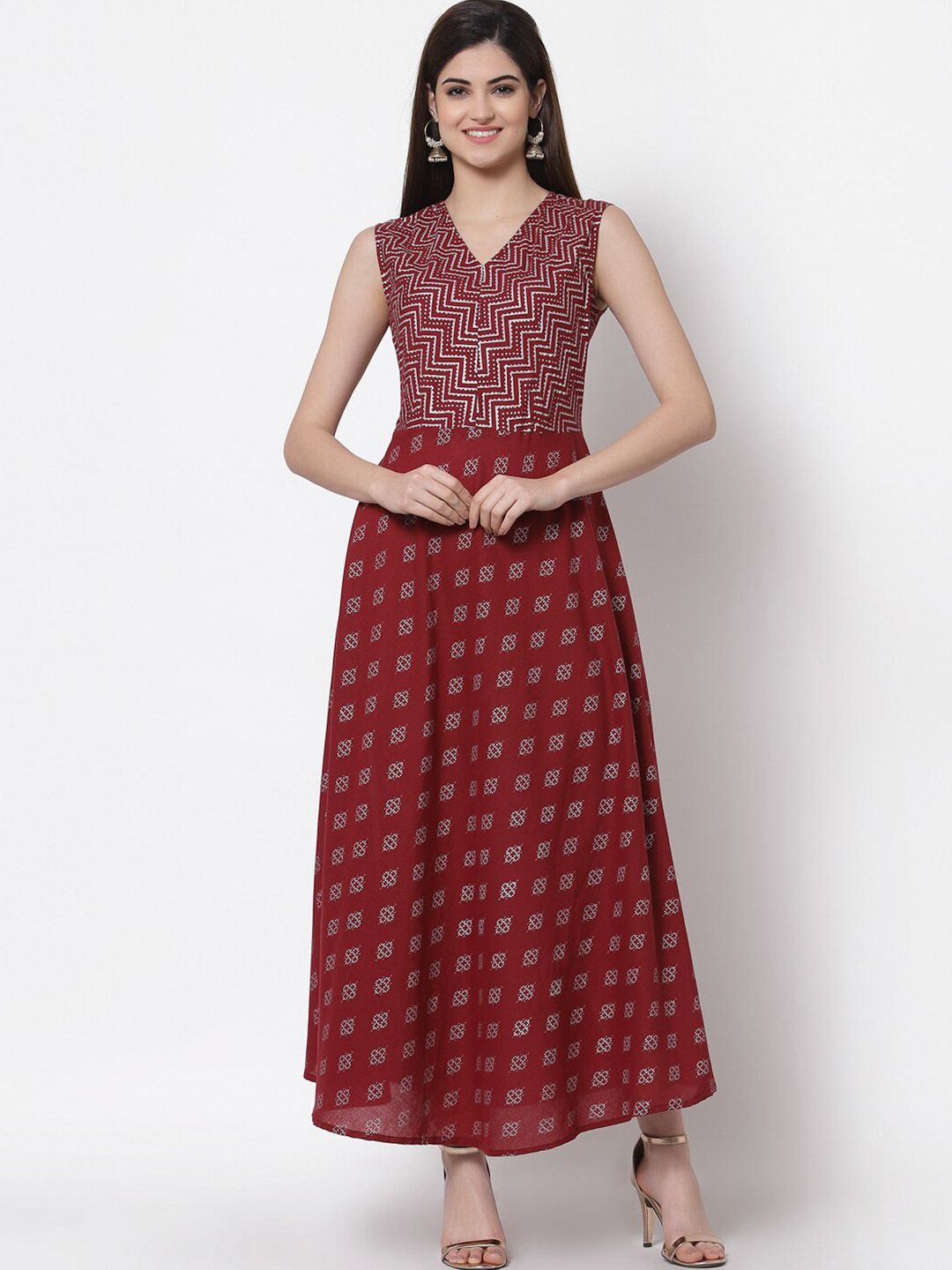 KBZ Maroon & Silver-Toned Ethnic Motifs Ethnic Printed Maxi Dress Price in India