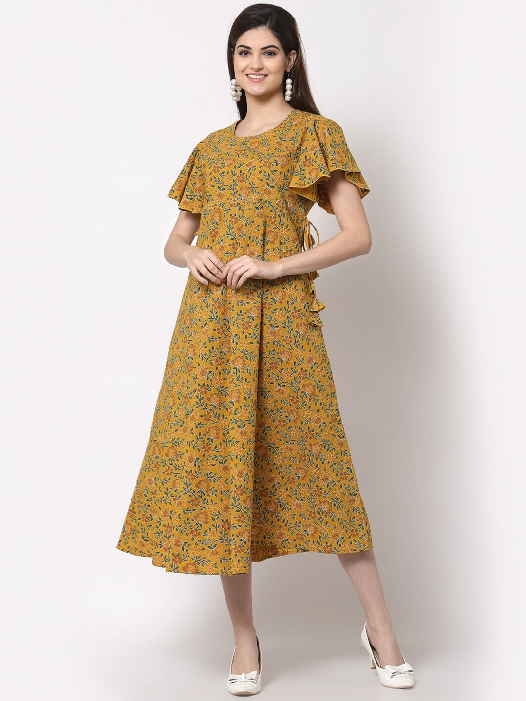 KBZ Yellow Floral Ethnic Cotton Midi Dress Price in India