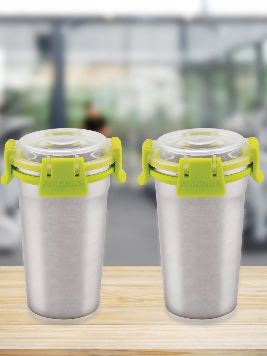 MAGNUS Set of 2 Silver-Toned & Green Solid Leakproof Stainless Steel Matte Mugs Price in India