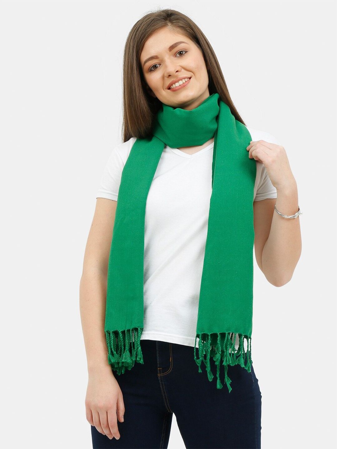 thickskin Women Green Stole With Fringed Border Price in India