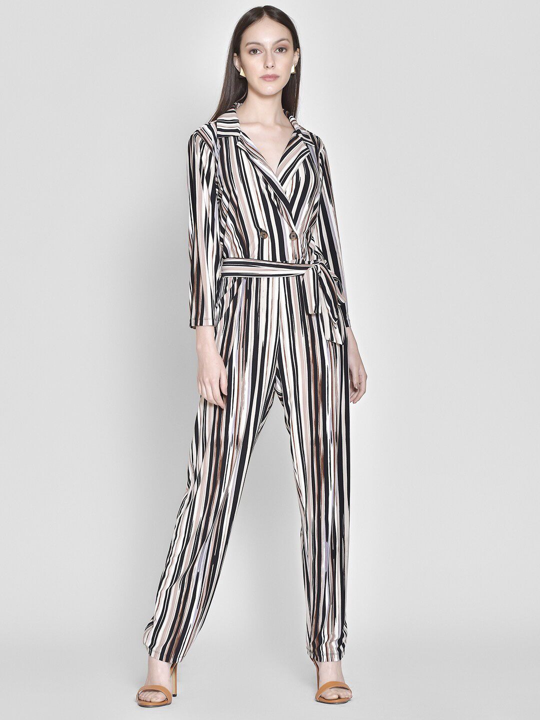 250 DESIGNS White & Black Striped Basic Jumpsuit Price in India