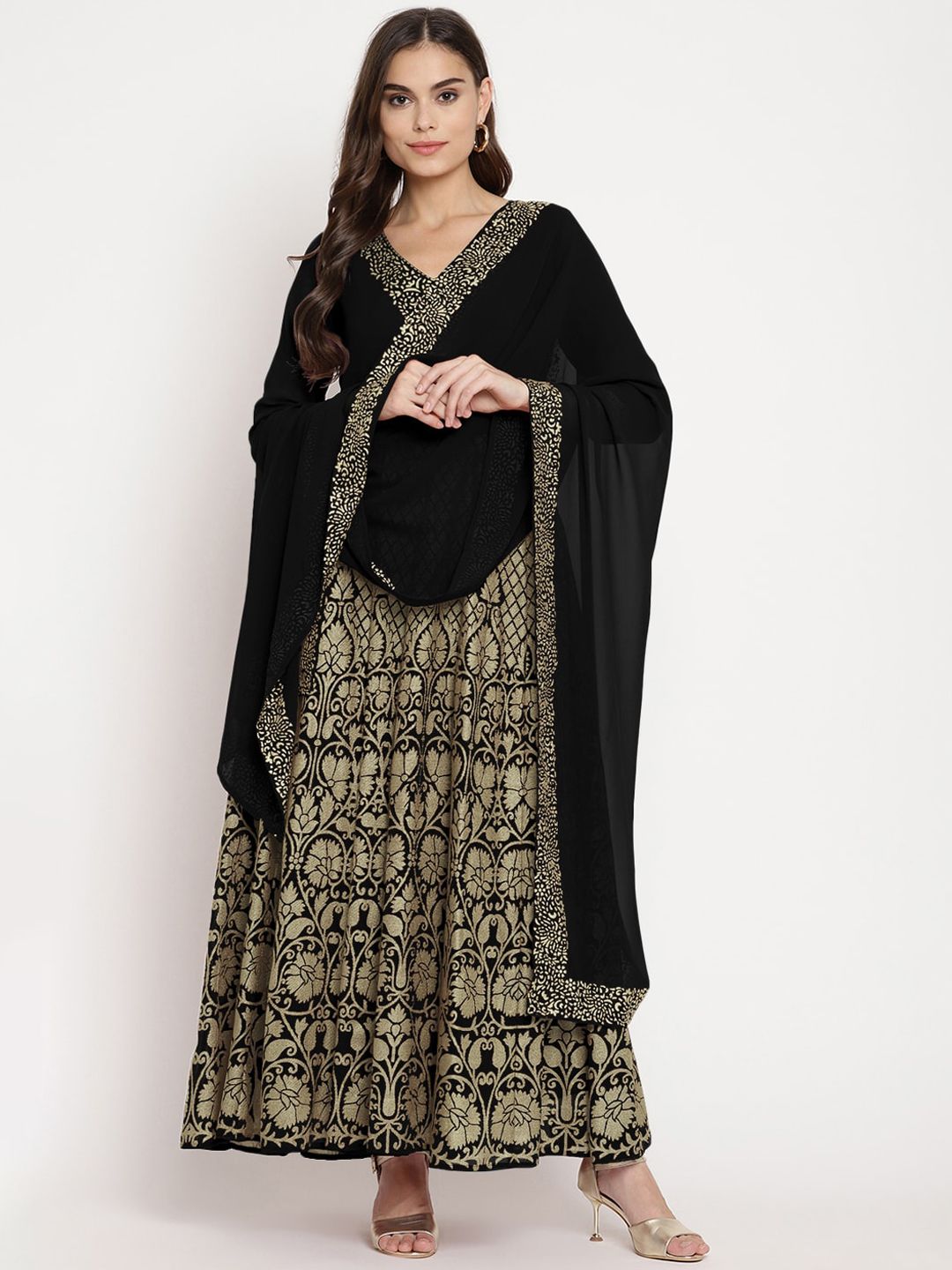 Ahalyaa Women Black Ethnic Motifs Regular Sleeves Georgette Anarkali Kurta Price in India