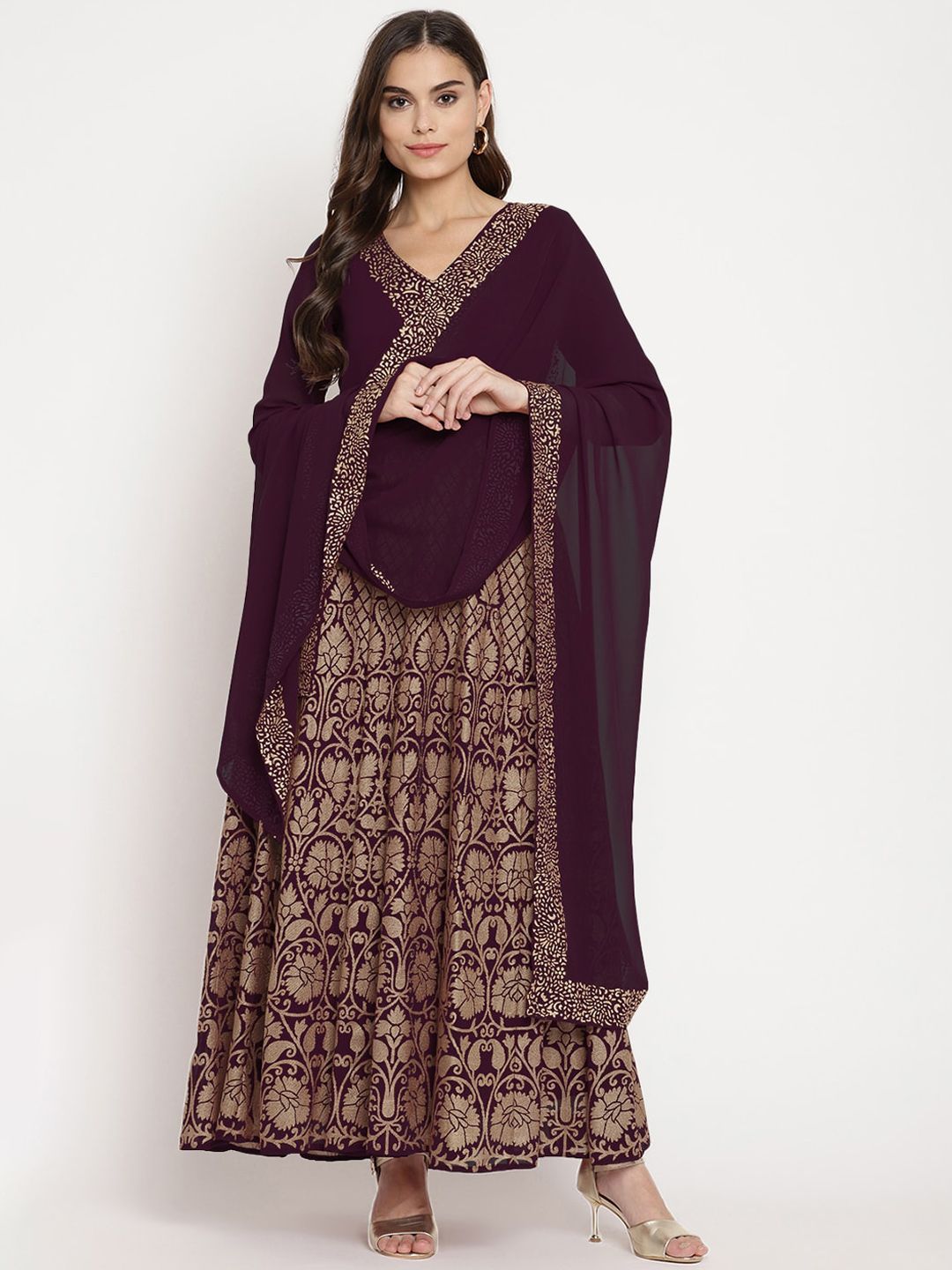 Ahalyaa Women Purple Paisley Regular Sleeves Georgette Anarkali Kurta Price in India