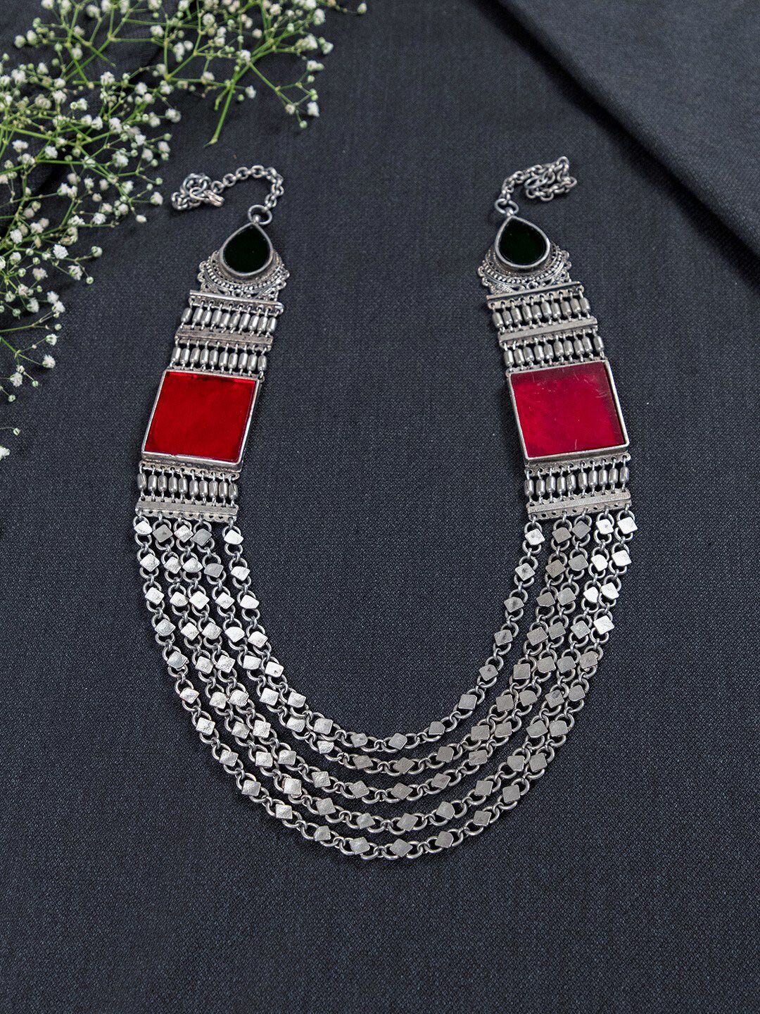 creyons by mansi Silver-Toned & Red Oxidised Glass Work Necklace Price in India