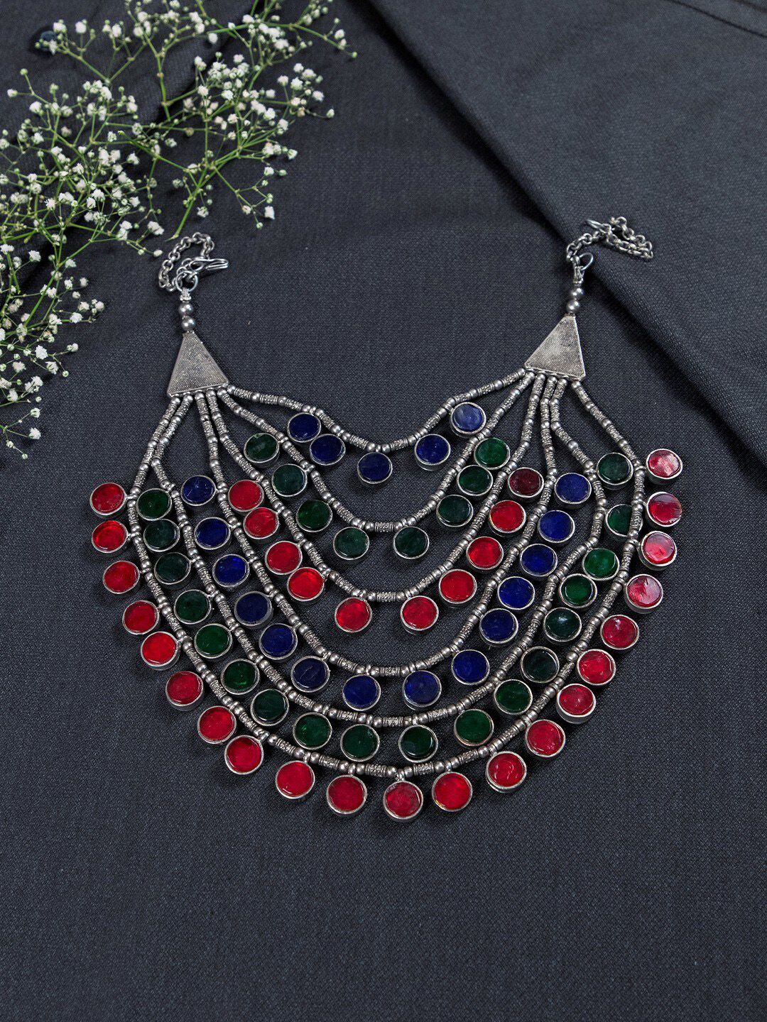 creyons by mansi Silver-Toned & Red Oxidised Necklace Price in India