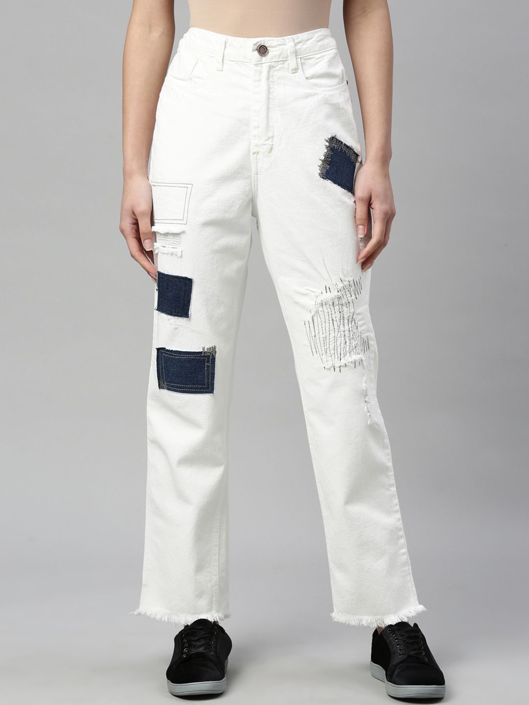 ZHEIA Women White Lean Straight Fit High-Rise Mildly Distressed Printed Stretchable Jeans Price in India