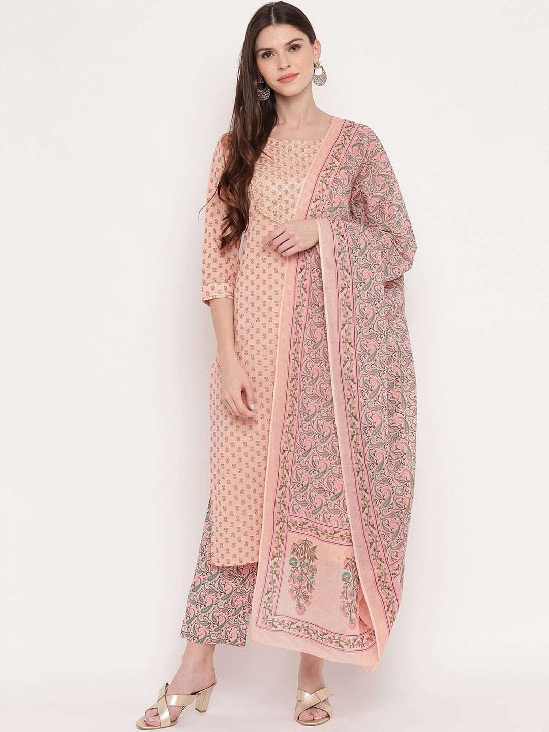 KALINI Women Peach-Coloured Ethnic Motifs Printed Panelled Gotta Patti Pure Cotton Kurta with Trousers & Price in India