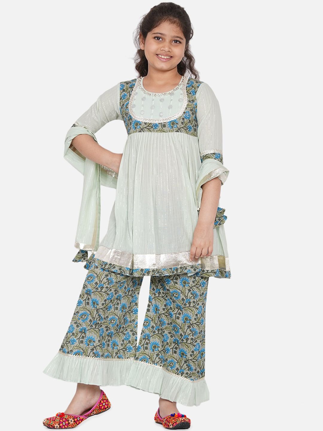 Little Bansi Girls Multicoloured Ethnic Motifs Pleated Kurta with Skirt & With Dupatta