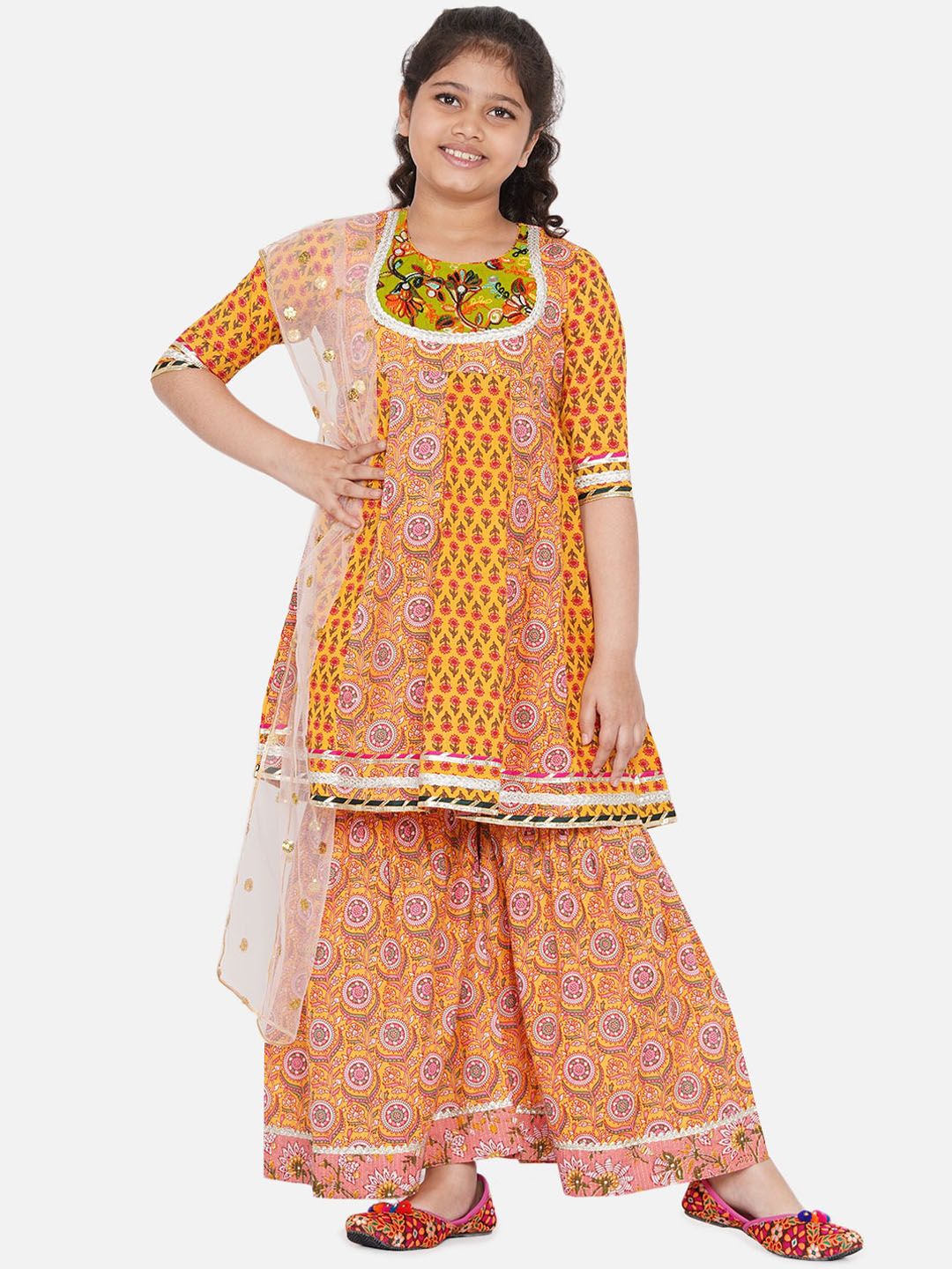 Little Bansi Girls Yellow Ethnic Motifs Printed Gotta Patti Kurta with Palazzos & With Dupatta