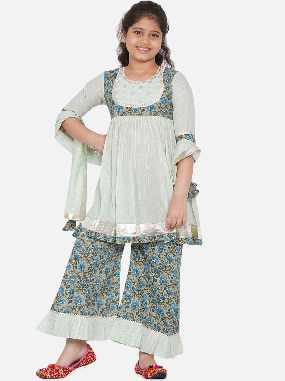 Little Bansi Girls Green & Blue Floral Zardozi Pleated Kurta with Palazzos & Dupatta