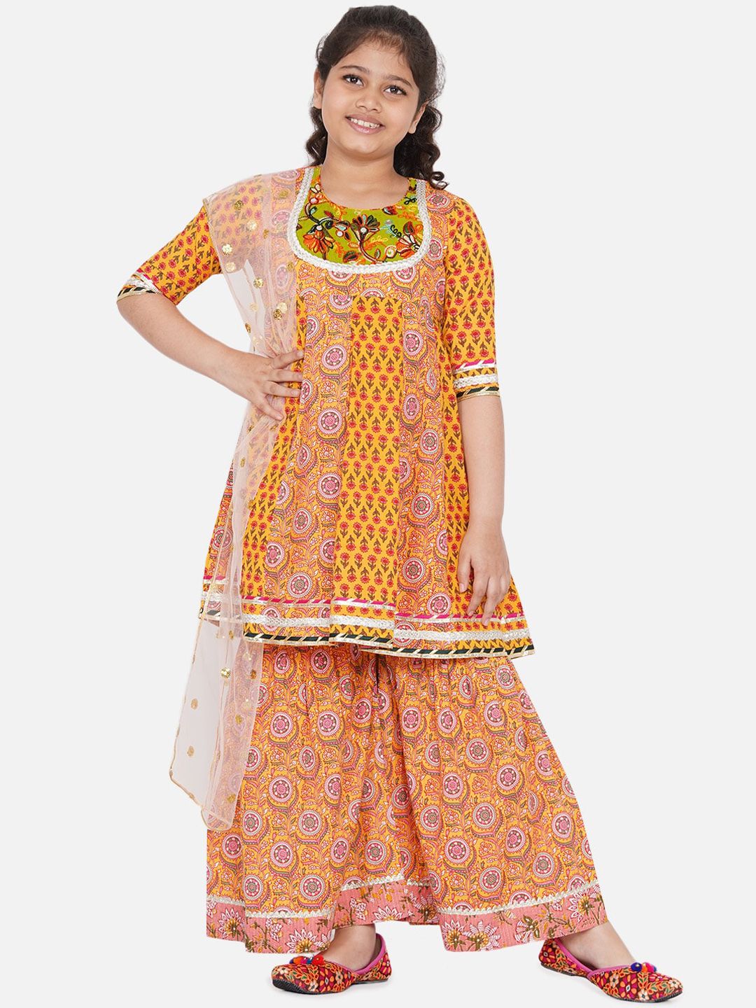 Little Bansi Girls Yellow Ethnic Motifs Printed A-line Kurta with Sharara & Dupatta