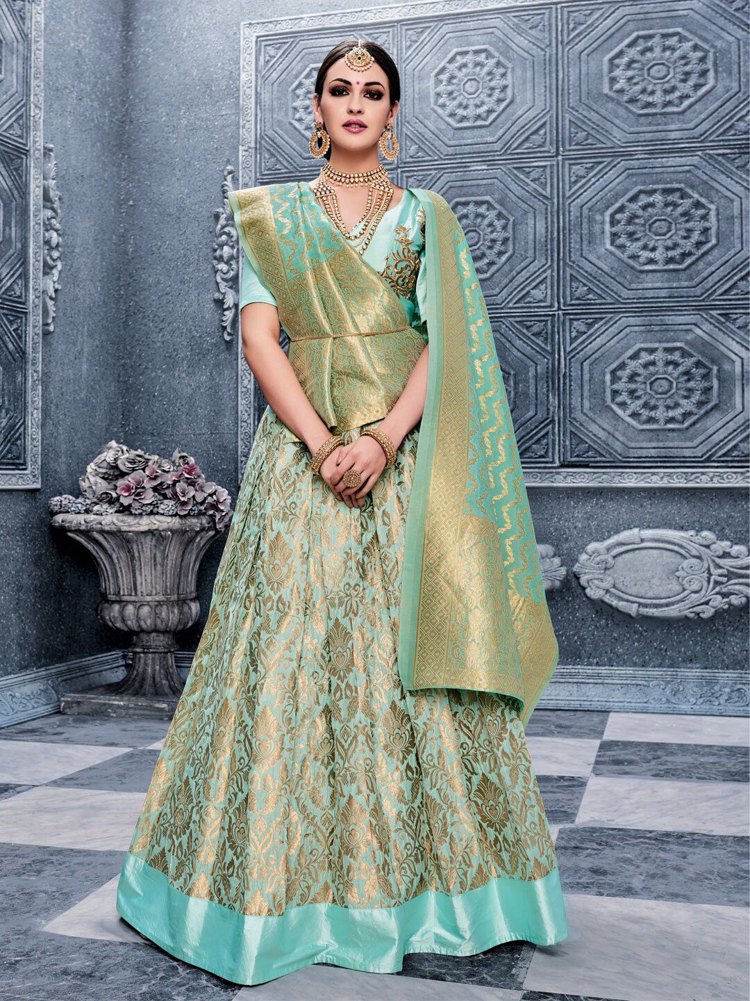LABEL AARNA Green & Gold-Toned Embroidered Semi-Stitched Lehenga & Unstitched Blouse With Dupatta Price in India