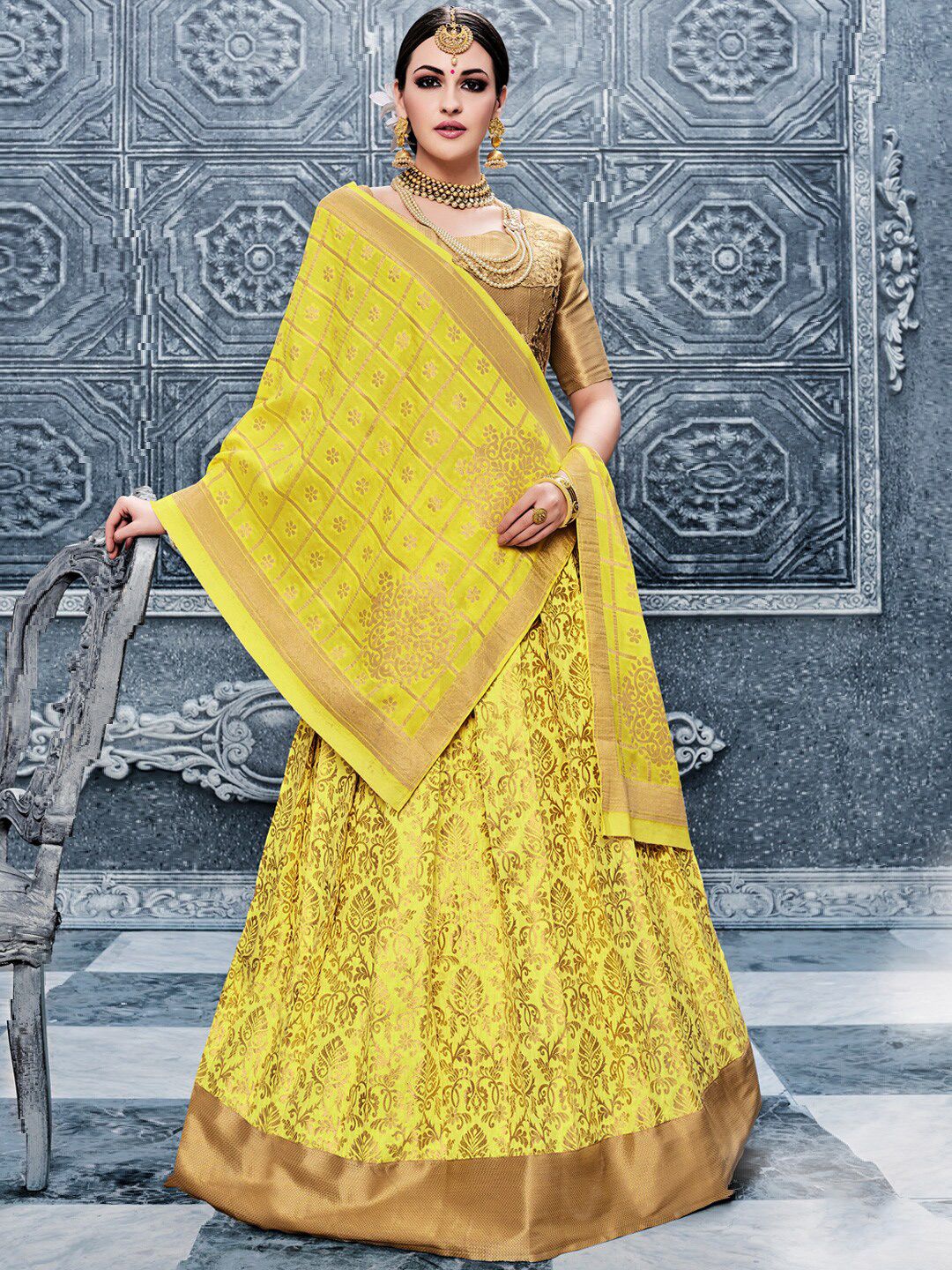 LABEL AARNA Yellow & Gold-Toned Embellished Semi-Stitched Lehenga & Unstitched Blouse With Dupatta Price in India