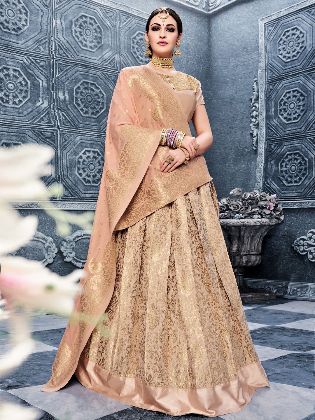 LABEL AARNA Peach-Coloured Embellished Semi-Stitched Lehenga & Unstitched Blouse & Dupatta Price in India