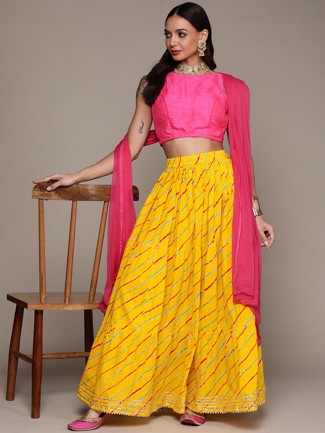 Ishin Women Yellow & Pink Leheriya Print Cotton Tiered Flared Maxi Skirt