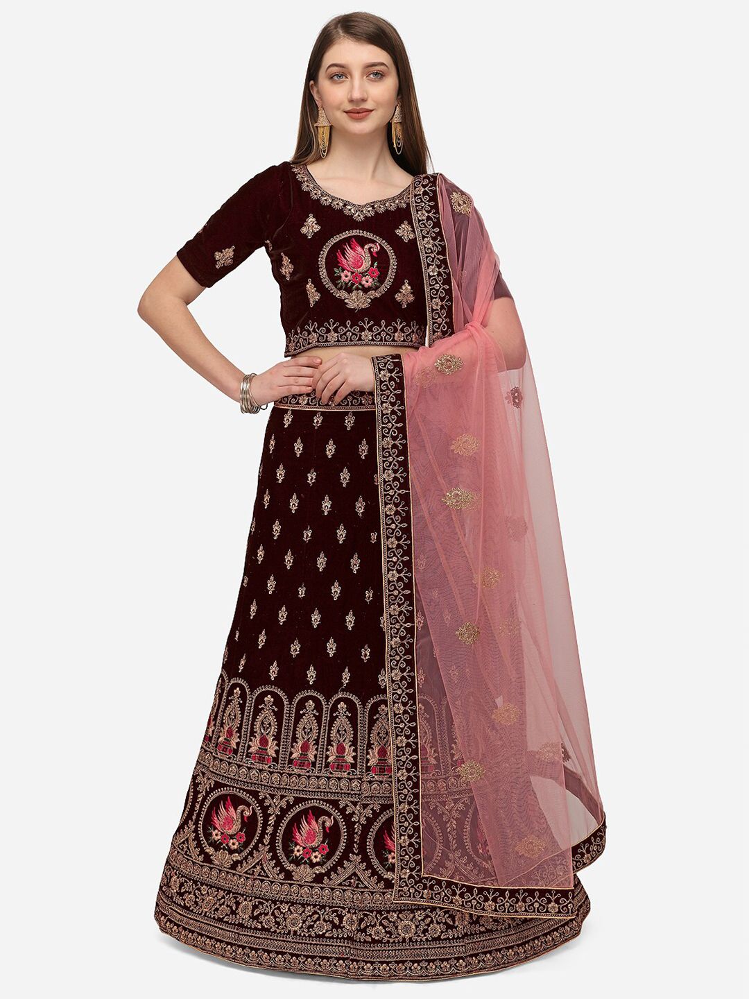 Netram Maroon & Pink Embroidered Semi-Stitched Lehenga & Unstitched Blouse With Dupatta Price in India