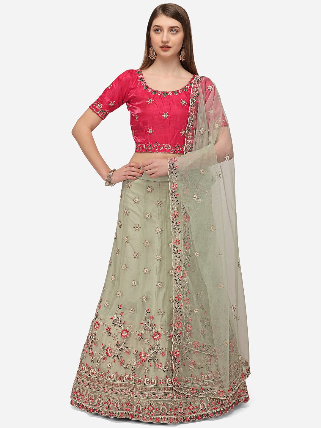 Netram Green & Pink Embroidered Semi-Stitched Lehenga & Unstitched Blouse & Dupatta Price in India