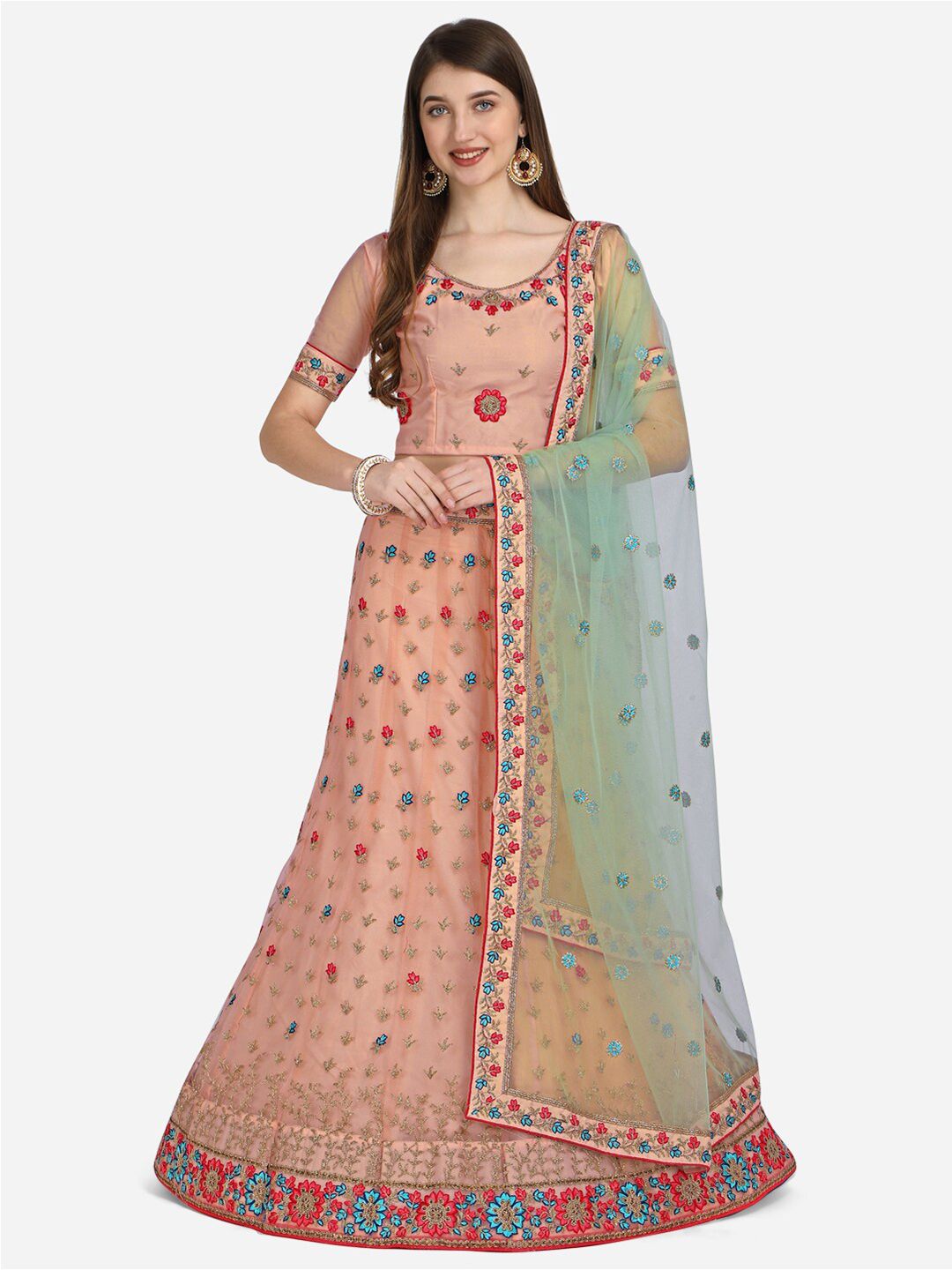 Netram Peach-Coloured & Blue Semi-Stitched Lehenga & Unstitched Blouse & Dupatta Price in India