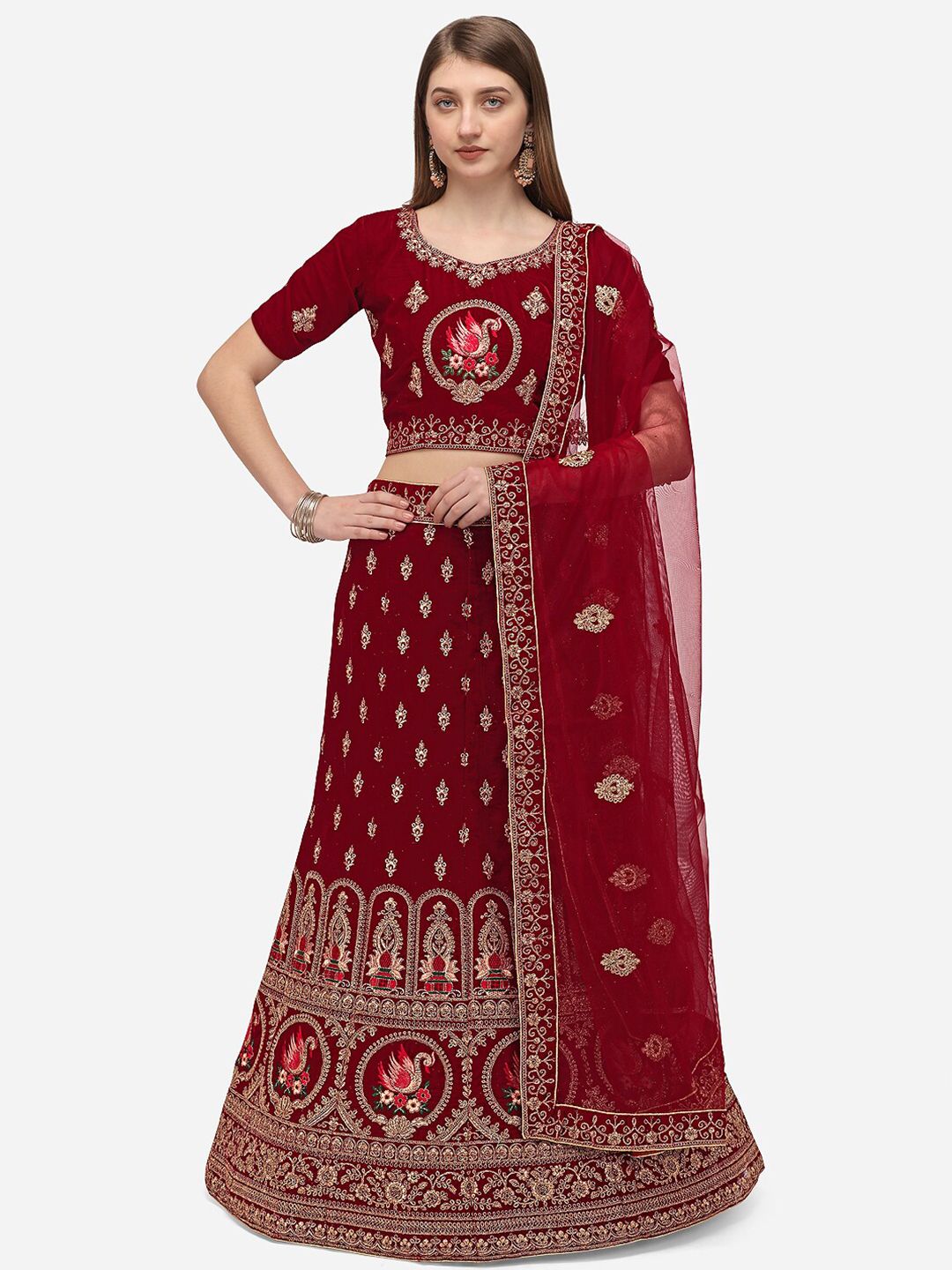 Netram Maroon & Black Embroidered Semi-Stitched Lehenga Choli With Dupatta Price in India