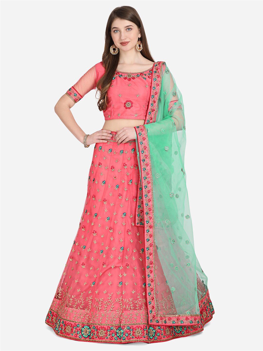 Netram Pink & Green Embroidered Semi-Stitched Lehenga & Unstitched Blouse With Dupatta Price in India