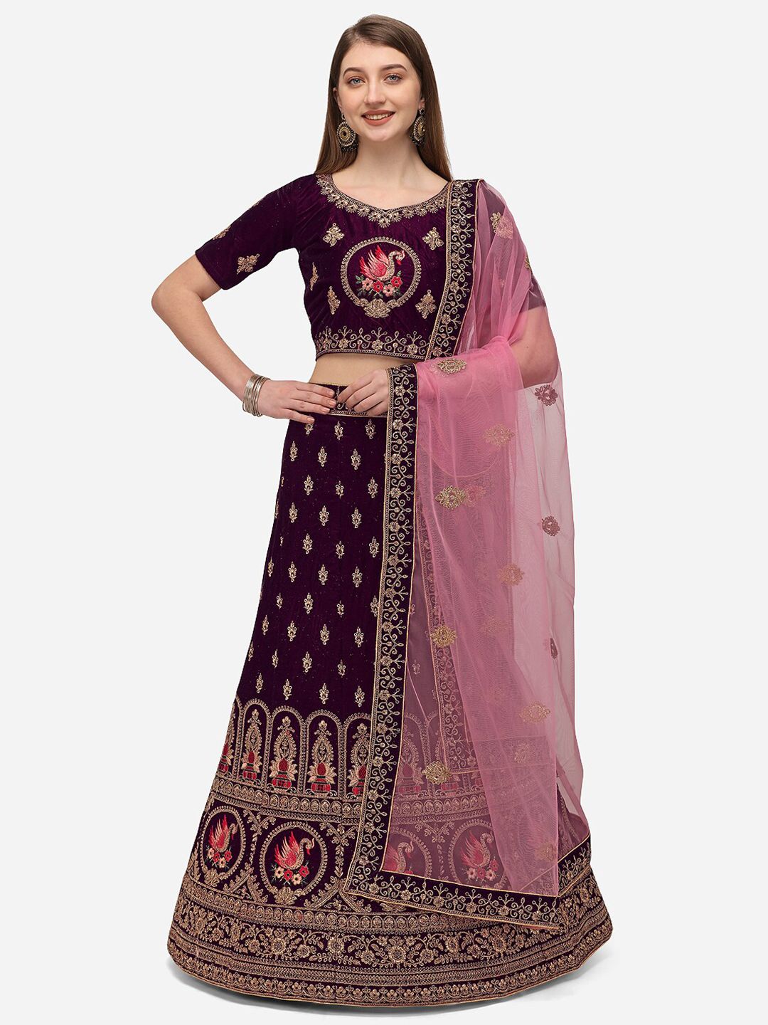 Netram Purple & Pink Embroidered Semi-Stitched Lehenga & Unstitched Blouse With Dupatta Price in India