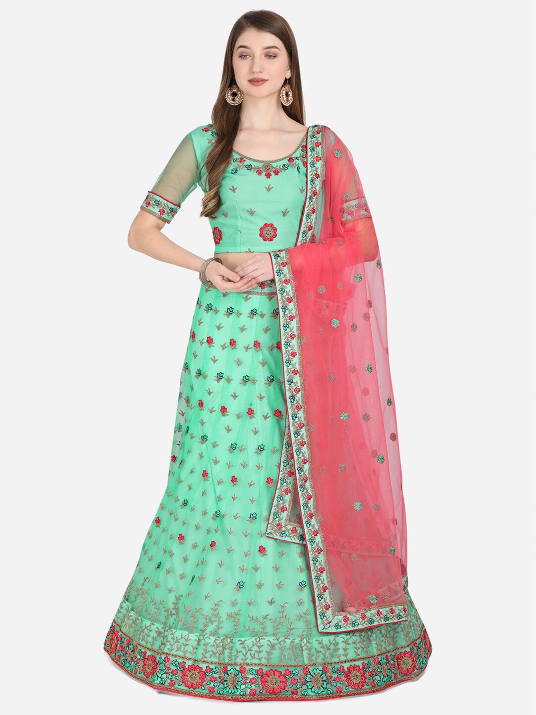 Netram Sea Green & Pink Embroidered Semi-Stitched Lehenga & Unstitched Blouse With Dupatta Price in India