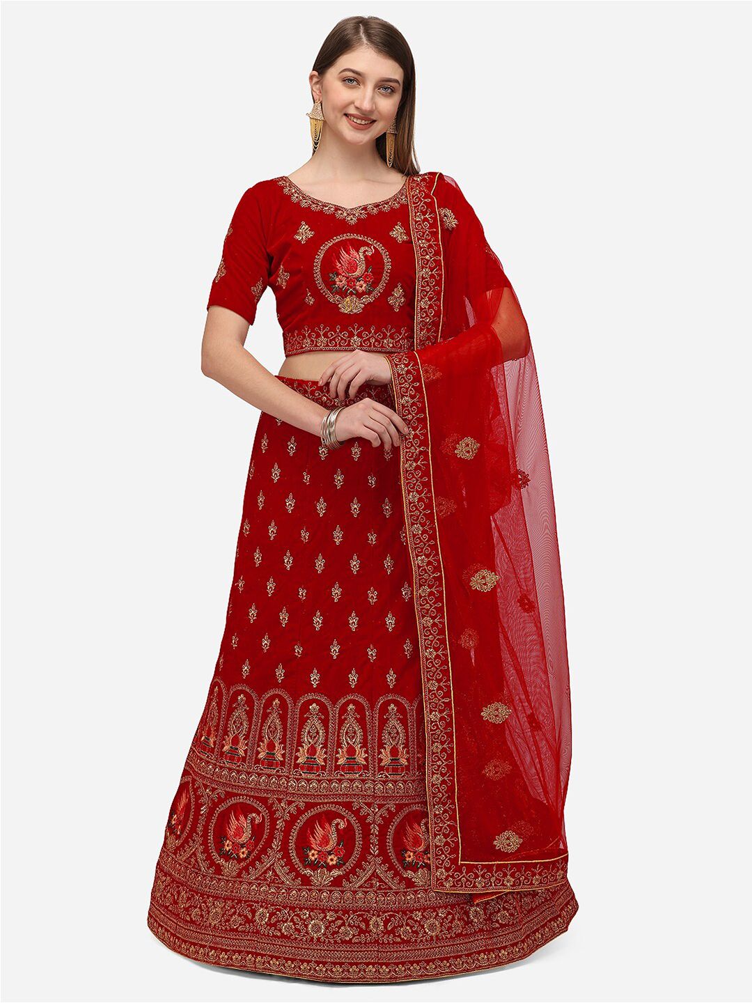 Netram Red & Green Embroidered Semi-Stitched Lehenga & Unstitched Blouse With Dupatta Price in India