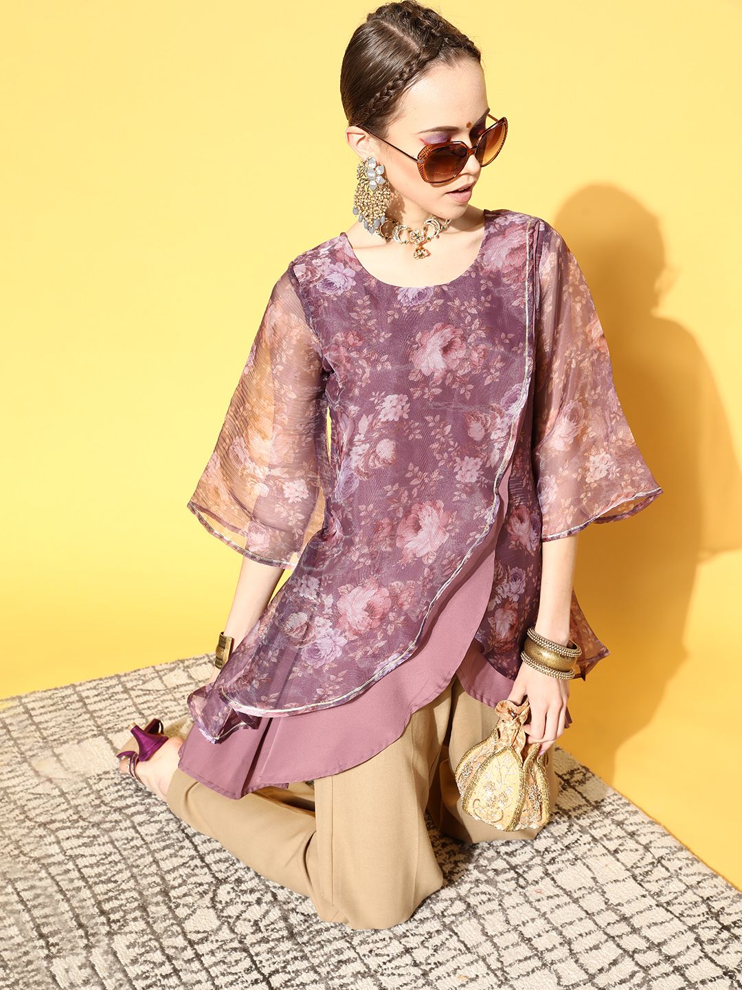 Ahalyaa Mauve Floral Printed Layered Tunic Price in India