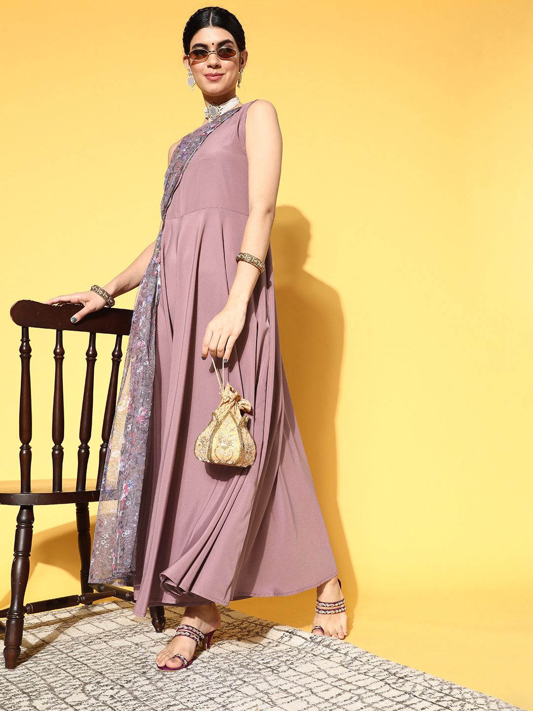 Ahalyaa Mauve Floral Print Maxi Dress Price in India