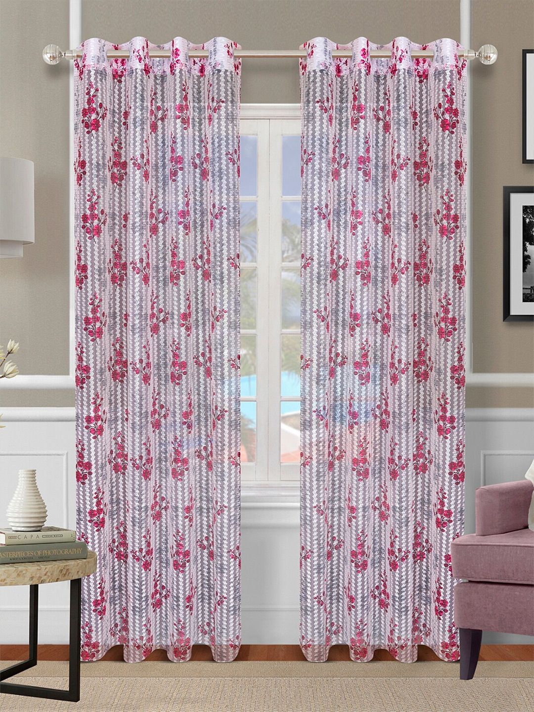 ROMEE Maroon & Grey Set of 2 Floral Sheer Long Door Curtain Price in India