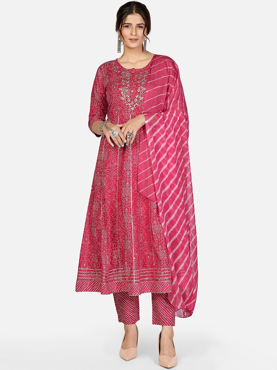 KALINI Women Pink Ethnic Motifs Printed Thread Work Pure Cotton Kurti with Trousers & With Dupatta Price in India