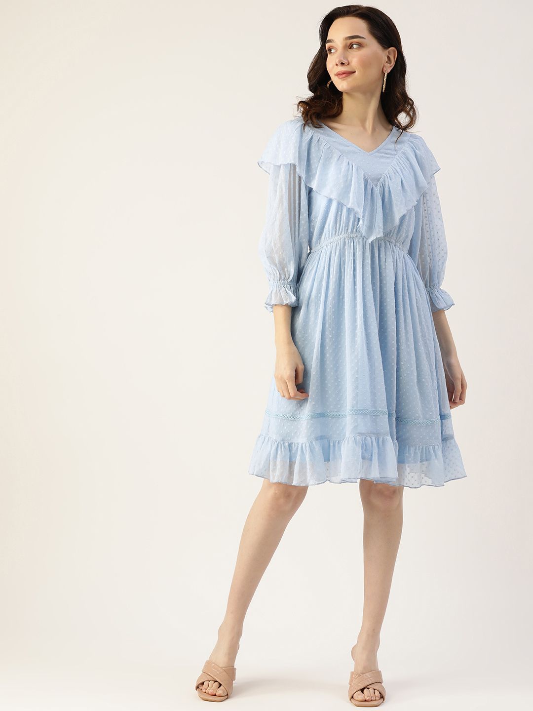Antheaa Women Blue Dobby Weave Ruffle Detail A-Line Dress Price in India