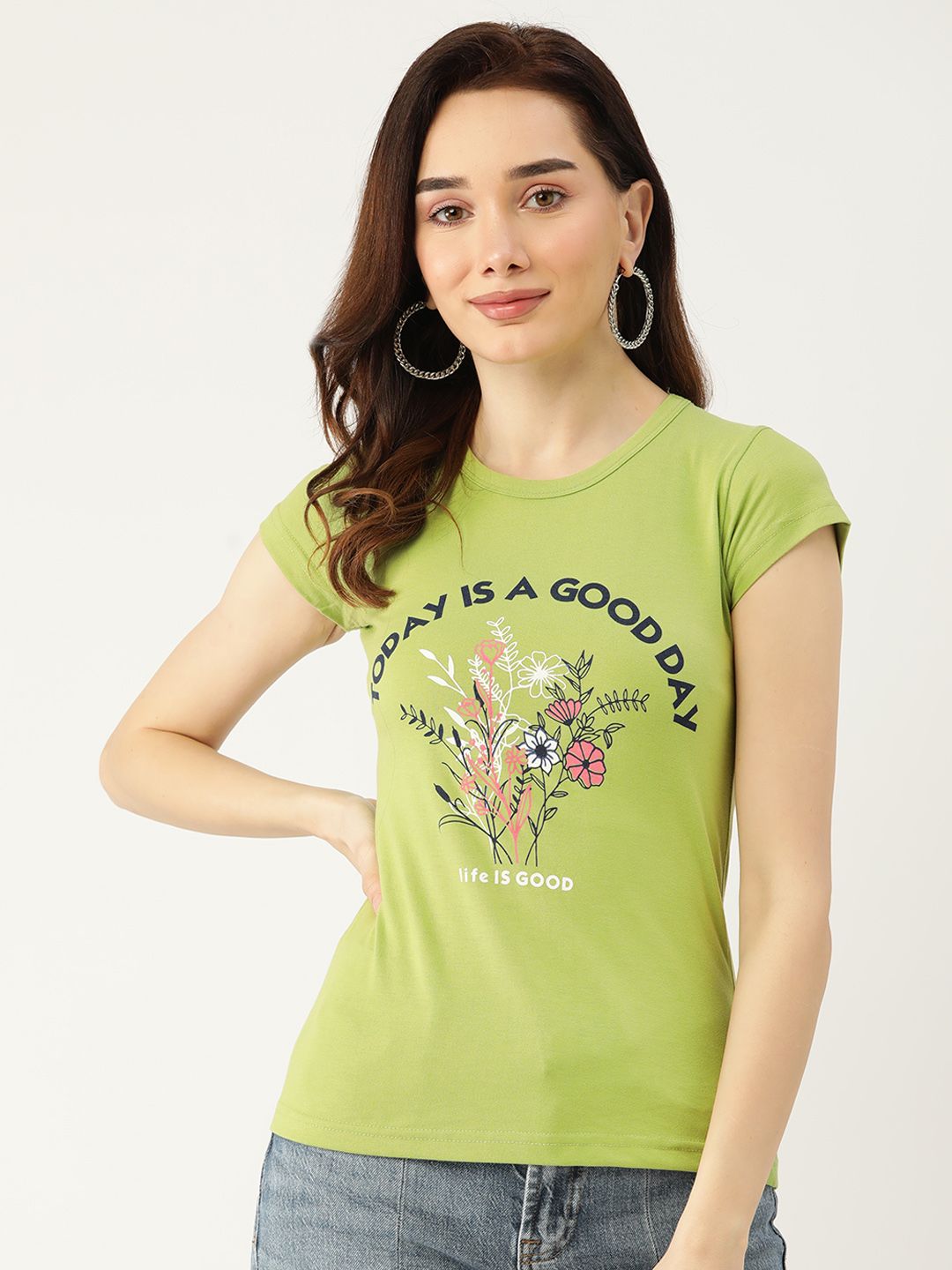 BROOWL Women Green & Navy Blue Pure Cotton Typography Print Lounge T-shirt Price in India