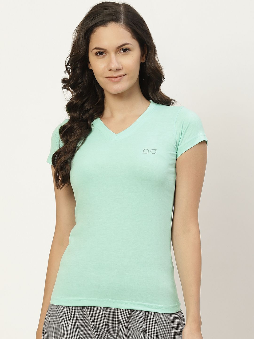 BROOWL Women Sea Green Pure Cotton Solid V-Neck Lounge T-shirt Price in India