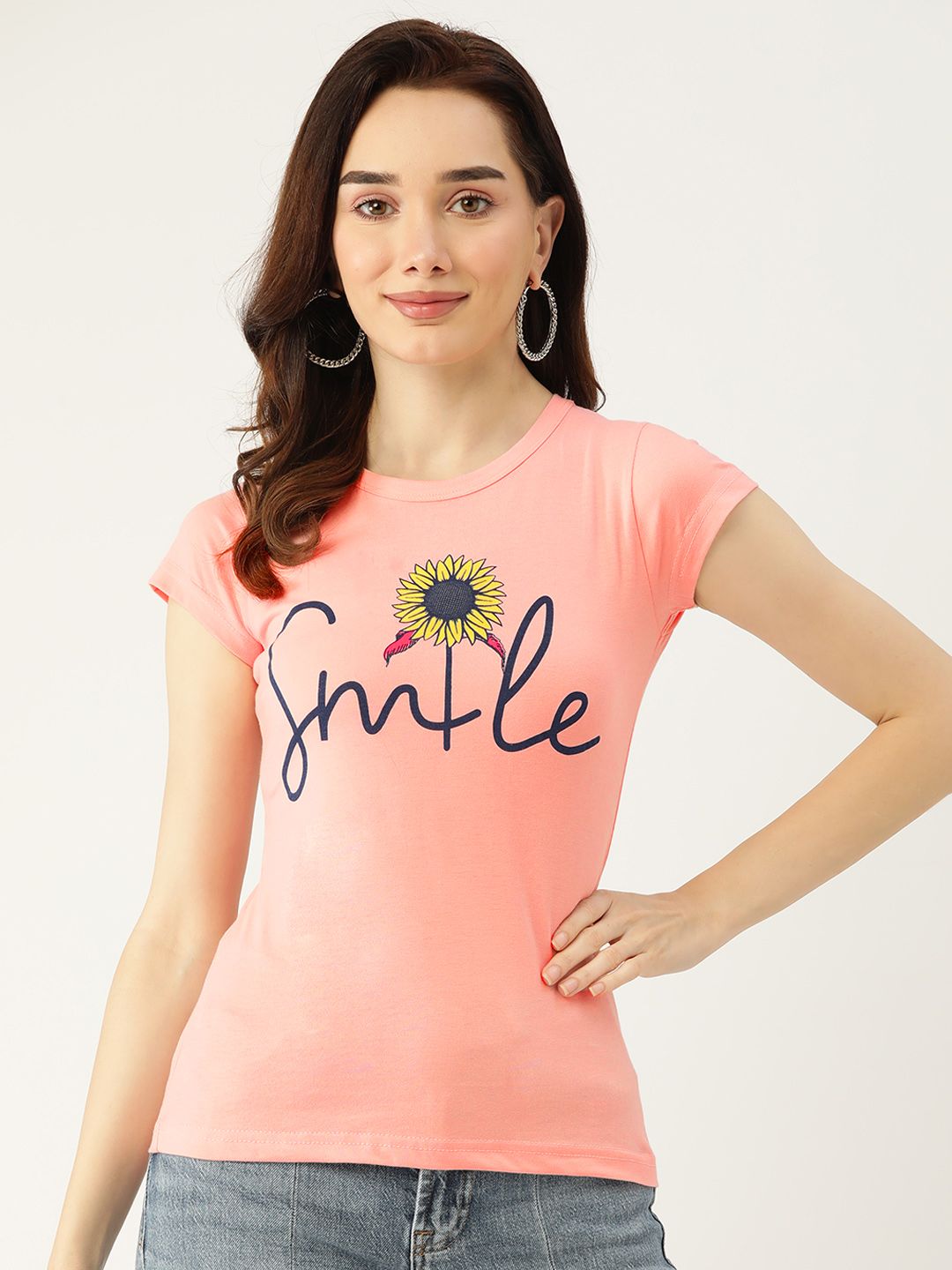 BROOWL Women Pink & Blue Printed Cotton Lounge T-Shirt Price in India