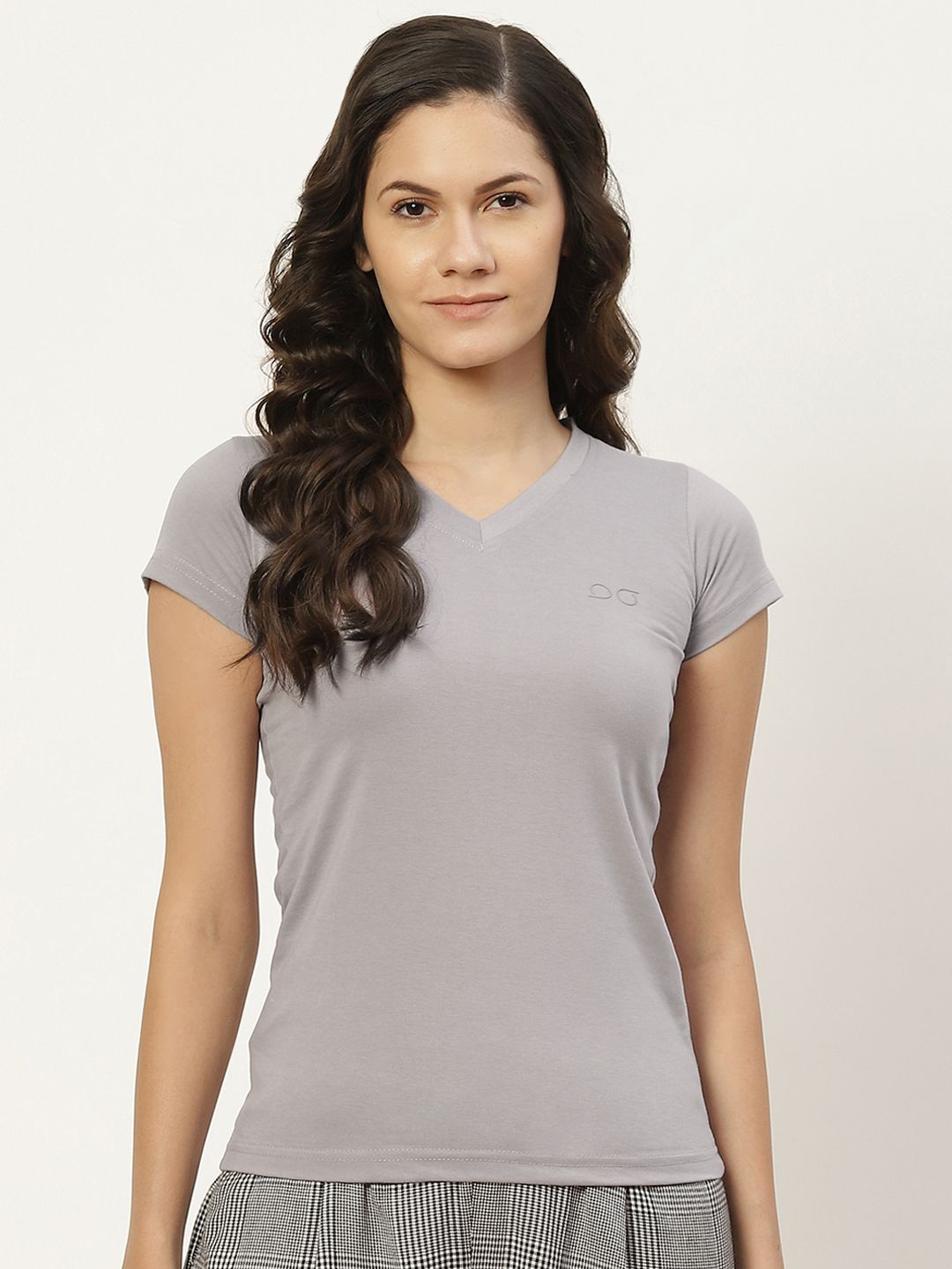 BROOWL Women Grey Pure Cotton Solid V-Neck Lounge T-shirt Price in India