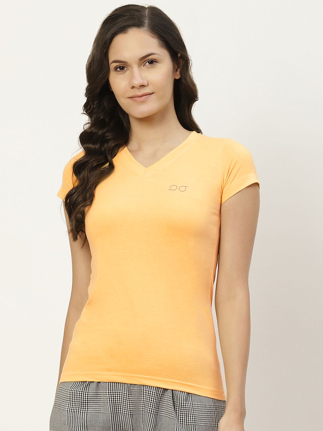 BROOWL Women Yellow Pure Cotton Solid V-Neck Lounge T-shirt Price in India