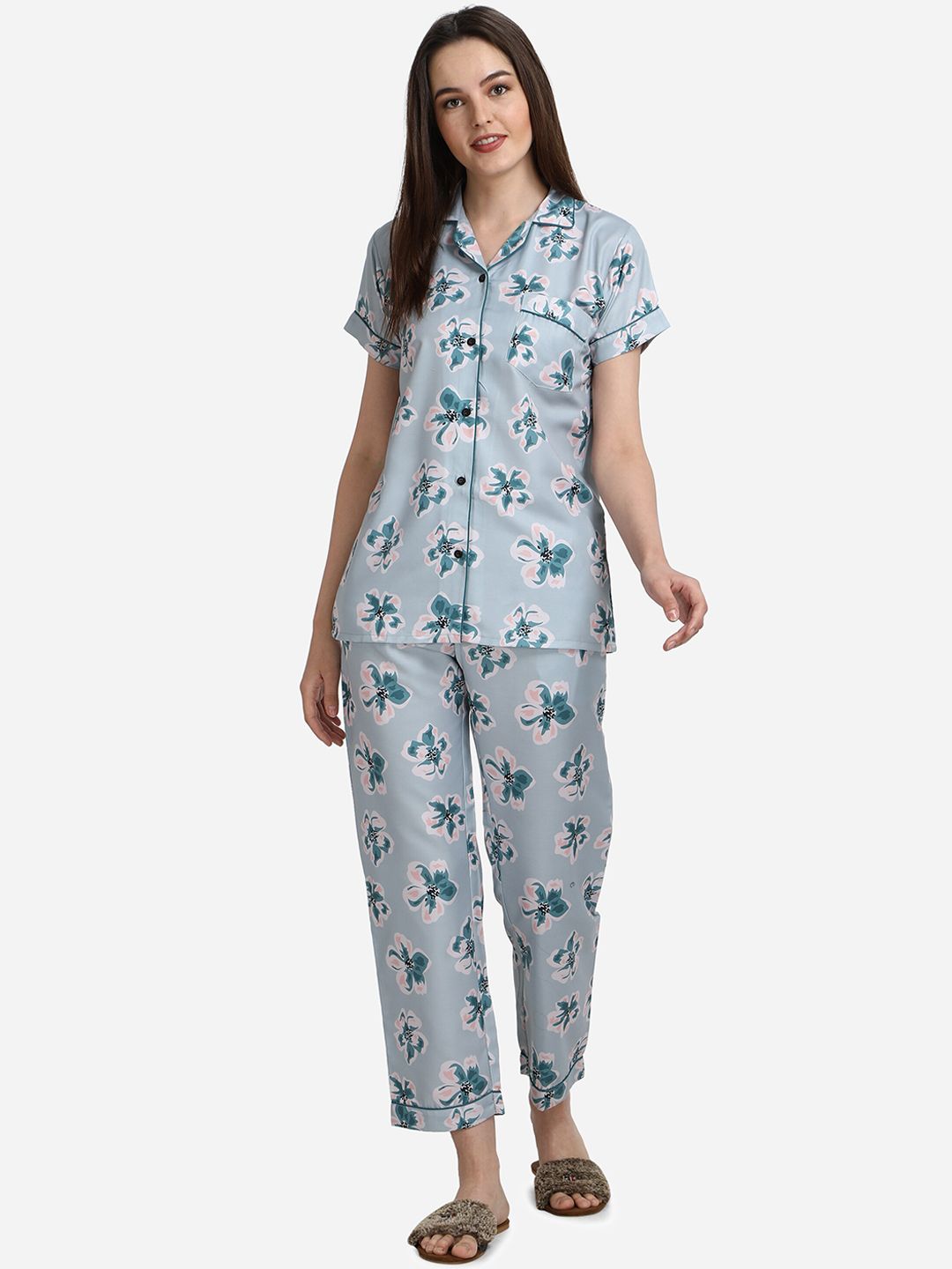 House of JAMMIES Women Blue & Pink Printed Night suit Price in India