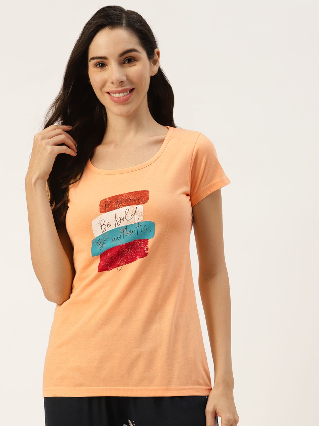 Broowl Women Peach-Coloured Cotton Printed Tshirt Price in India