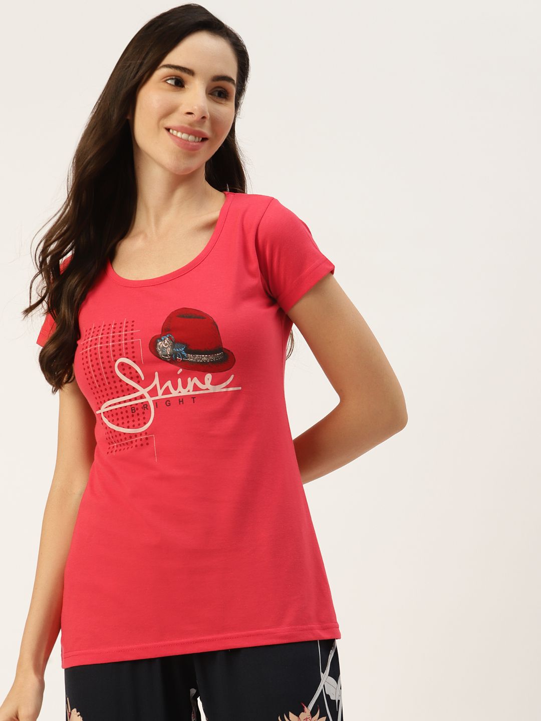 BROOWL Women Coral Pink & White Printed Lounge Tshirt Price in India