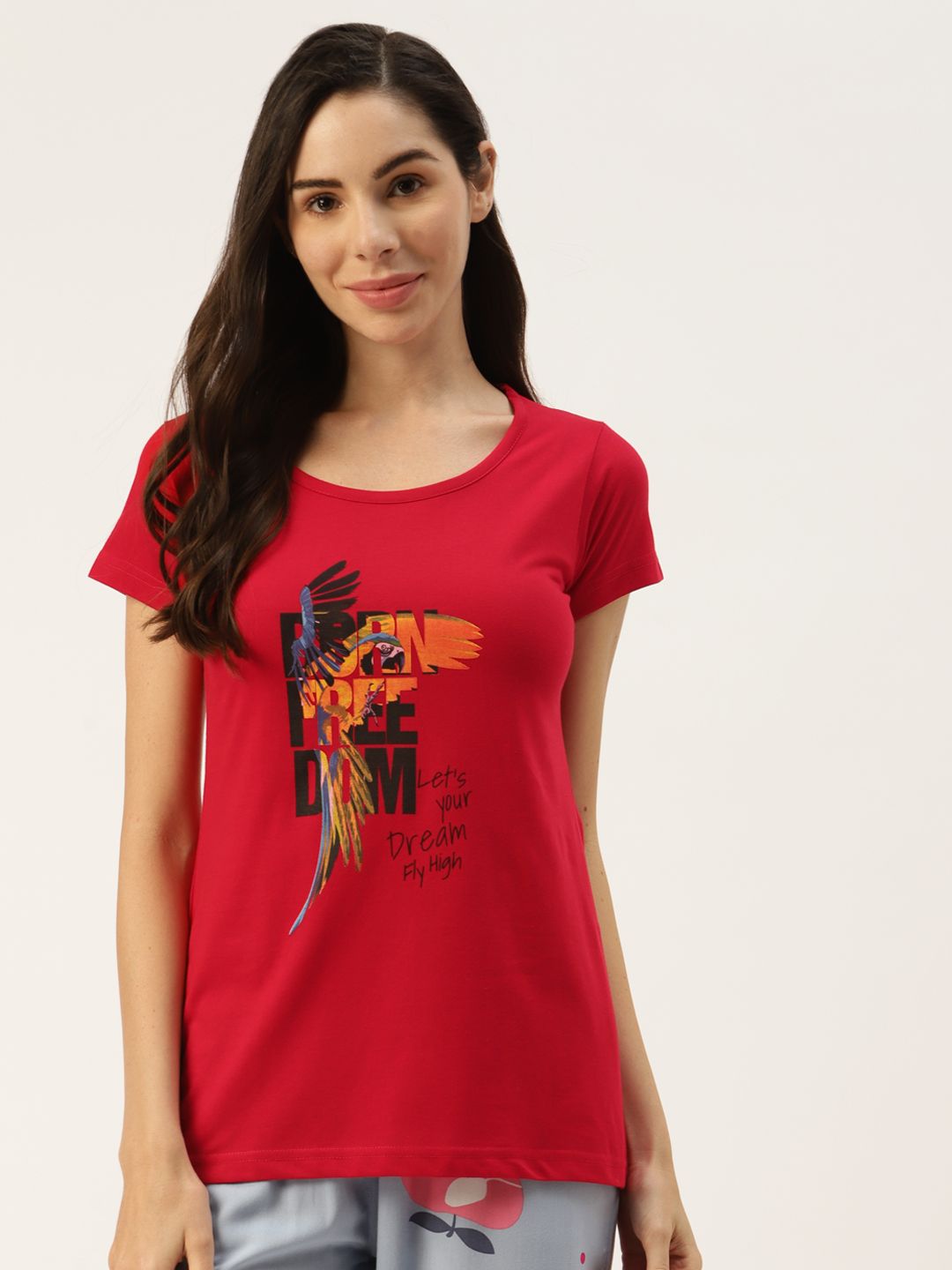 BROOWL Women Red & Orange Pure Cotton Typography Printed Lounge Tshirt Price in India