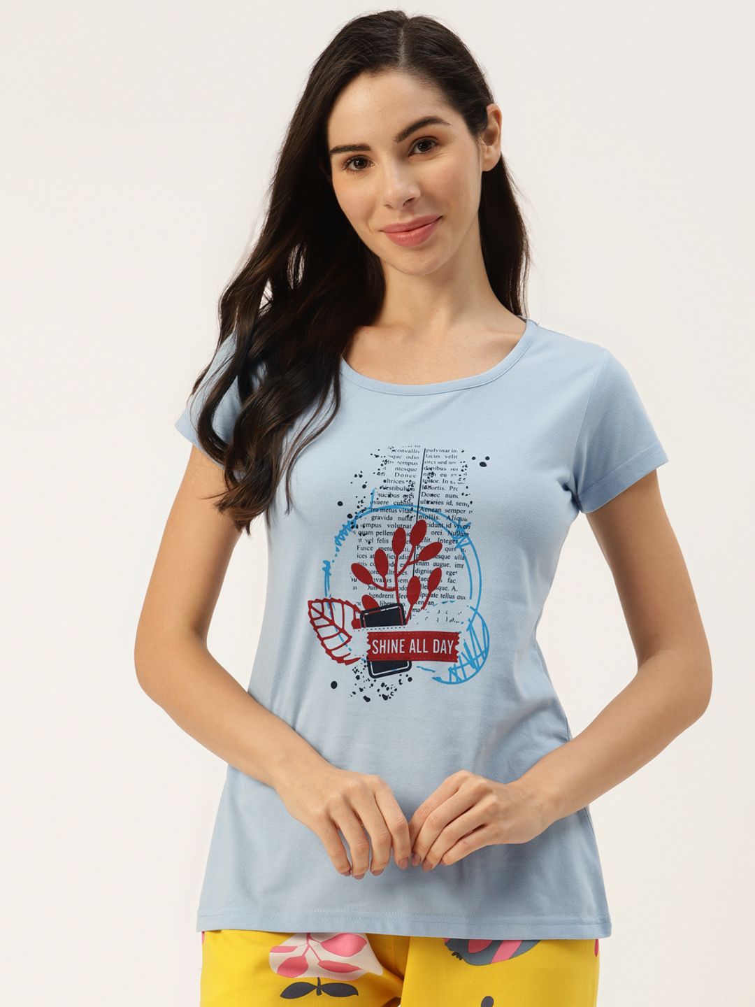 BROOWL Women Blue & Black Graphic Pure Cotton Printed Lounge Tshirt Price in India