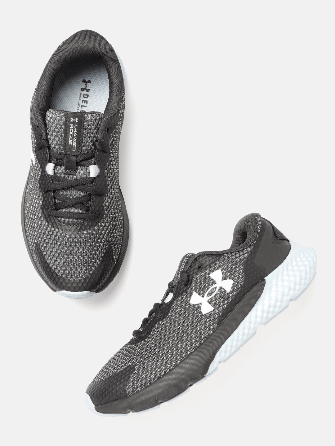 UNDER ARMOUR Women Charcoal Grey & White Woven Design Charged Rogue 3 Running Shoes Price in India