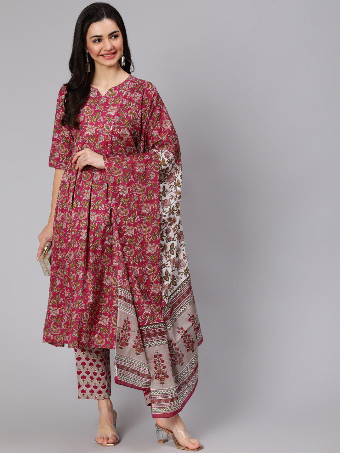 Nayo Women Burgundy & Mustard Yellow Floral Print Pure Cotton Kurta With Trouser & Dupatta Price in India