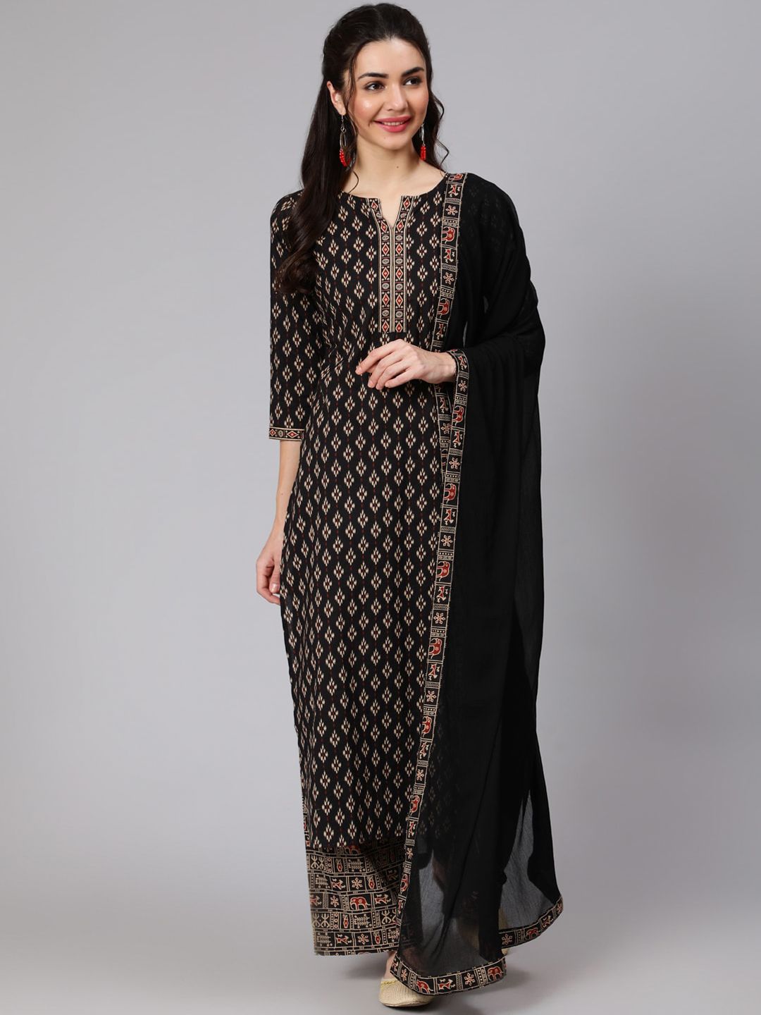 Nayo Women Black & Beige Abstract Pure Cotton Print Kurta with Palazzos & Dupatta Price in India