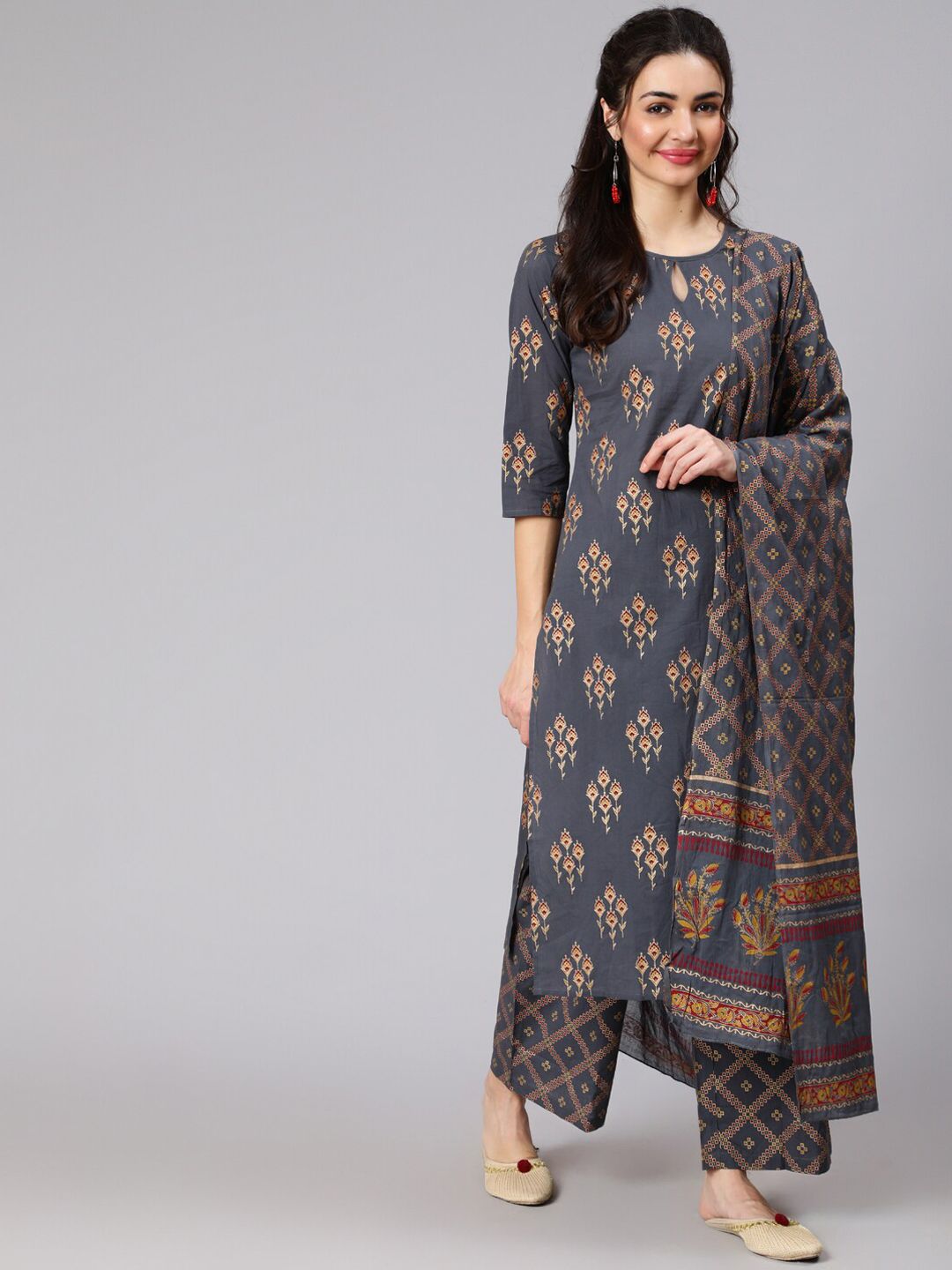 Nayo Women Charcoal Grey & Gold Ethnic Motifs Print Cotton Straight Kurta Palazzos Dupatta Price in India