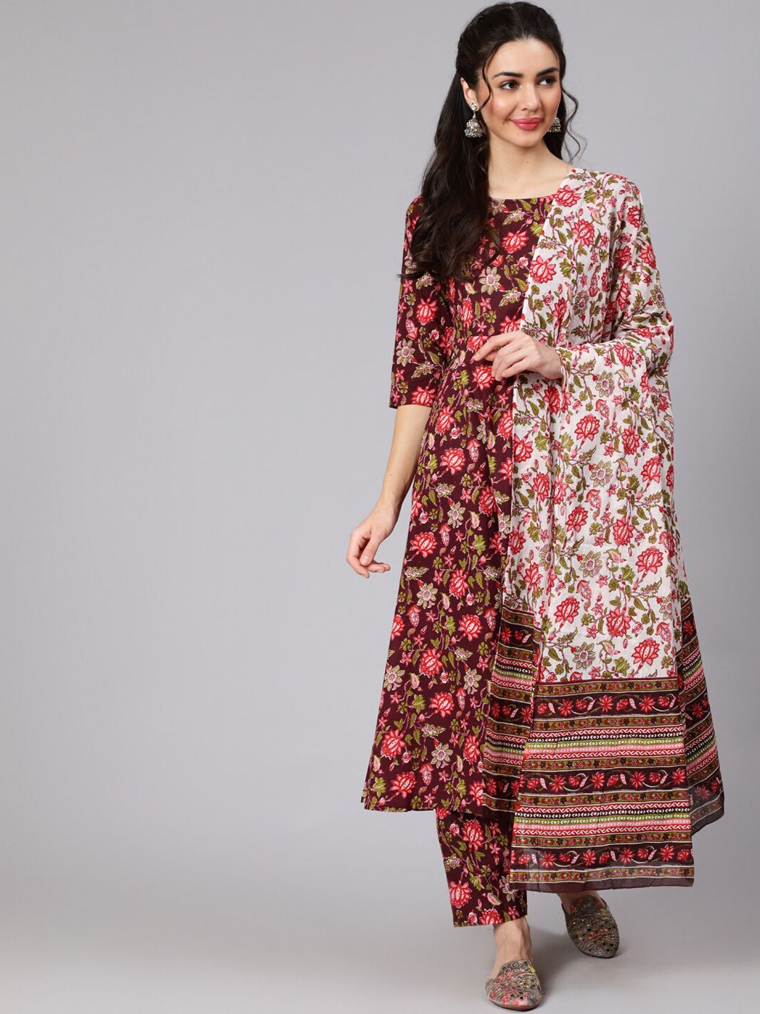 Nayo Women Burgundy Floral Printed Angrakha Pure Cotton Kurta with Palazzos Price in India